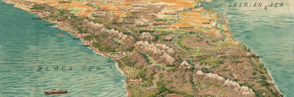 Pictorial map of the Caucasus between the Black Sea and the Caspian Sea, showing Krasnodar, the Kuban and Terek rivers, and Sochi
