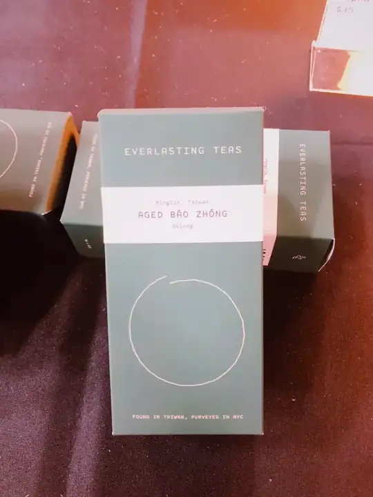 Green Everlasting Teas box labelled Aged Bao Zhong oolong from Pinglin, Taiwan