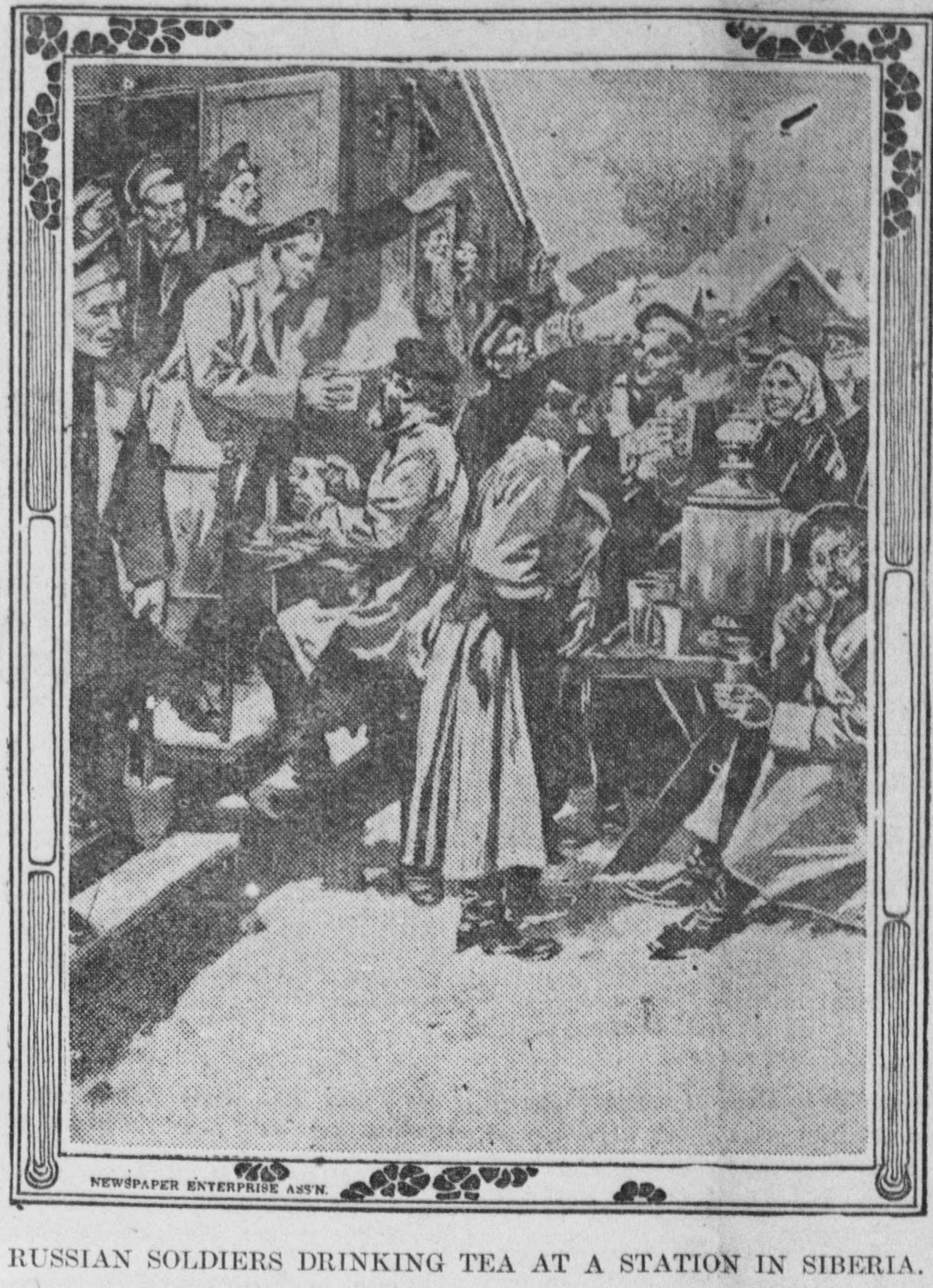 Soldiers of the Imperial Russian Army drinking tea at a Trans-Siberian Railway station in 1904