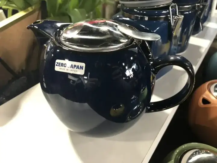 Glossy cobalt-blue Zero Japan ceramic teapot with a stainless steel lid